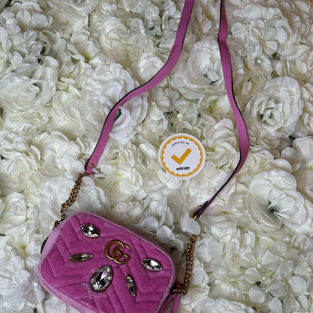 Gucci GG Pink Marmont Matelasse Velvet Crossbody Bag Rhinestones- Authentic - Picture 16 of 16